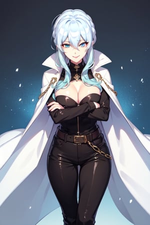 long hair, bangs, blue eyes, hair between eyes, blue hair, loose hair, looking at viewer, best quality, high resolution, perfect lighting, detailed fingers, flirty smile, long loose hair, big chest, adult woman, cape with trim leather, belted pants, admiral shirt, black pants, military suit, snowy background