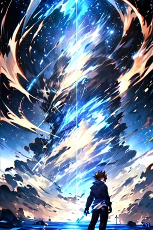 1 boy, alone, short hair, looking at viewer, upper body, yellow eyes, hair between eyes, brown hair, strong black battle suit, suit with blue light line, ((23 years old issei_hyoudou)), issei_hyoudou, defined and marked muscles, big muscle, long sleeves, black gloves, tall man, broad shoulders, male focus, hoodie, blue aura, blue star, blue glow around, blue sky, blue flash