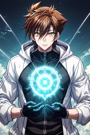 1 boy, alone, short hair, looking at viewer, upper body, yellow eyes, hair between eyes, brown hair, black shirt, ((23 years old issei_hyoudou)), issei_hyoudou, defined and marked muscles, big muscular man, long sleeves , black gloves, tall man, broad shoulders, male focus, hoodie, black sweatshirt, bright blue radiating bright BLUE light, immersing in intense blue tone energy, blue aura energy, passion, aura, ki,CLOUD,ledarraytech 