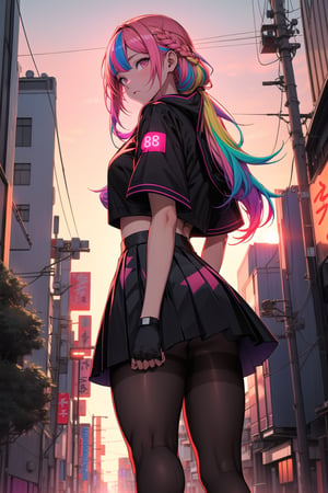 whole body, pantyhose,girl, best quality, masterpiece, 8k, (colorful hair:1.2), long hair, dinamic angle, dinamic pose, detailed background, skirt, crop hood, tokyo neon, sunset,