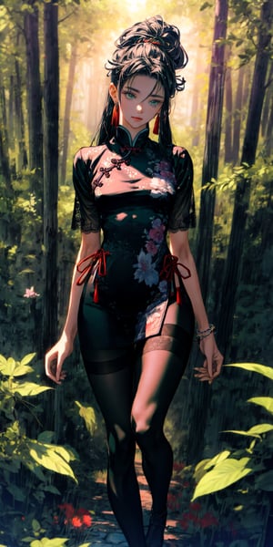 black pantyhose,whole body,Cute girl, long curly purple hair, green eyes, fabulous Chinese-style clothes with complex patterns, lace, (black stockings:1.2), long heel, jewelry and jewelry, floating silk ribbons, masterpiece, high detail, complex and detailed background, in the background a magical forest with many medicinal herbs and flowers, a small a trickle, early morning, dew on the leaves, a light fog has almost dissipated, a mystical atmosphere, volumetric lighting, thin with a graceful figure, (a bright light source is located behind the back),perfect
