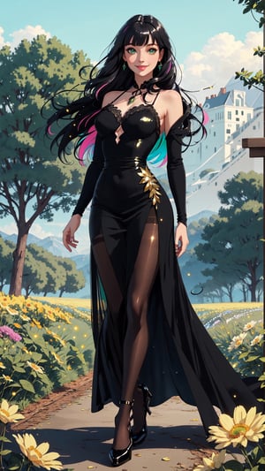 whole body, black pantyhose,((masterpiece)), (best quality), (cinematic), a woman in a long dress, in a flower feild, posing, long black hair, bangs, full body, green eyes, wind, detailed face, detailed body, (cinematic, colorful), (extremely detailed), smiling, ,glitter,shiny, facing viewer