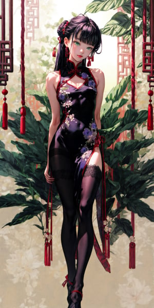 black pantyhose,whole body,Cute girl, long curly purple hair, green eyes, fabulous Chinese-style clothes with complex patterns, lace, (black stockings:1.2), long heel, jewelry and jewelry, floating silk ribbons, masterpiece, high detail, complex and detailed background, in the background a magical forest with many medicinal herbs and flowers, a small a trickle, early morning, dew on the leaves, a light fog has almost dissipated, a mystical atmosphere, volumetric lighting, thin with a graceful figure, (a bright light source is located behind the back),perfect