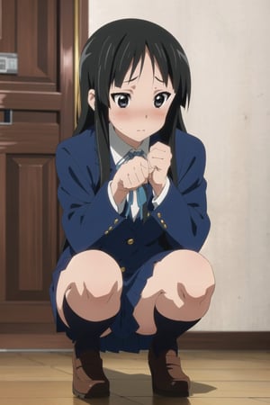 (((picture perfect))), 1girl, solo, school uniform, (blushing:1.2), embarassed, jacket, inside, club room, squatting, eager pet pose, mio akiyama,mio akiyama