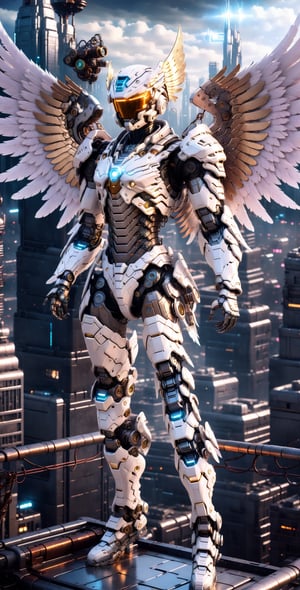 A Hi-Tech cyberpunk style white angel style suit, Hi-Tech mechanical wings, Custom design, shining body, glowing look, full shining suit, body, hues.,steampunk style,cyberpunk style,mecha, perfect custom Hi-Tech suit, weapon master, ,cyborg style,Movie Still,robot,cyberpunk, jumping on rooftop, 