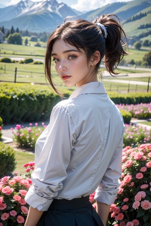 best quality,HDR,UHD,8K,Vivid Colors,solo,front view,photo_(medium),(1girl:1.3),(looking at viewer:1.4),ponytail,,standing,outside,sky,mountain,flower,, rc,pencil skirt,coat,shirt,