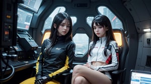a photo of pair of (cute slender beautiful european young:1.0) girls sitting in a seat (chair) and piloting the spaceship, white long hair, wearing plugsuit, panoramic view on night space city, (symmetry), serious expressionless look, arms on armrest, red yellow, science fiction, film grain, (highly detailed:1.1), rfktr_technotrex, lora:rfktrsTechnotrexV10_rfktrsTechnotrexV10:0.1, lora:futuristic_interior_composer:0.2, lora:futuristic_interior_refiner:0.2, lyco:Robotaction:0.2, sharp focus, best quality, masterpiece, photorealistic
,futuristic_interior 