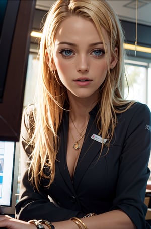 (extremely detailed,  realistic,  perfect lighting,  vibrant colors, intricate details, absurdres), (masterpiece,  high detailed skin:1.3), 1girl, light blonde hair,  layered hair,  upper body,  
{ ponytail and bangs, office, office lady, office chair, monitor, black-office suit, sitting, upper body, elbow rest, sexually suggestive, name tag, bangle,
, }, real colours, 
{ shy, seducing,, },