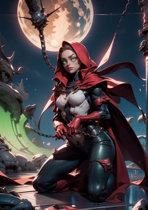 absurdres, highres, (official art, beautiful and aesthetic:1.2), 1 spawn girl, (medium breasts), red cape, glowing green eyes, kneeling, chains, church and cross landscape, night time, moon, upper body, lora:spawn-000020:1, lora:add_detail:0.2, lora:beautiful detailed eyes:1, lora:GoodHands-beta2:1,  lora:NebulaDream:0.3
,spawn