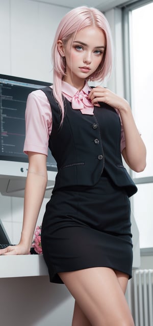 beautifull woman in a pink office uniform with white hair in the air,office uniform