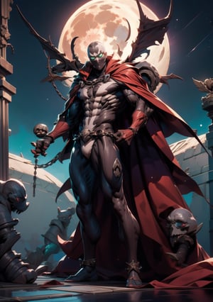 absurdres, highres, (official art, beautiful and aesthetic:1.2), 1 spawn, red cape, green eyes, kneeling, chains, church and cross landscape, night time, moon, upper body, lora:spawn-000020:1, spawn