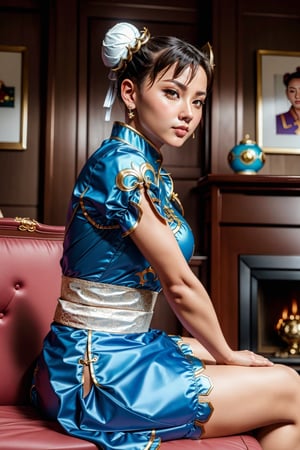 masterpice, best quality, (absurdres), painting, subsurface scattering, 1girl, solo, chunli-main, (beautiful face), (looking at viewer:1.1), full lips, (embarrassed, full face blush), holding, (stuffed bear, stuffed toy),chinese decoration, detailed background, artistic lighting, (blue chinese clothes), (pelvic curtain), puffy short sleeves, white sash, brown pantyhose, white lace-up boots, spiked bracelet, toned, double bun, (bun cover:1.2), sitting, crossed legs, living room, sofa, chinese architecture,  lora:ChunliMultiOutfits-v3-10:0.9, sfw, sharp focus,,SF2CL