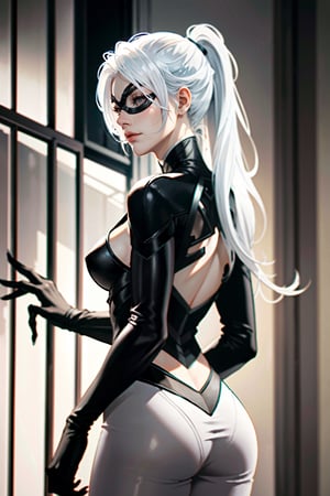 ((ultra detailed, masterpiece, absurdres)) lora:SpiderBlackCat:0.9, SpiderBlackCat, 1girl, white hair, long hair, mask, Back turned with a contemplative mood,SpiderBlackCat