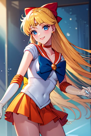 masterpiece, best quality, highres, venus1, 1girl, solo, sailor senshi uniform, sailor venus, aino minako, blonde hair, magical girl, blue eyes, orange skirt, elbow gloves, tiara, pleated skirt, hair bow, orange sailor collar, miniskirt, choker, red bow, orange choker, white gloves, very long hair,  jewelry,  earrings, , cowboy shot, smile,
