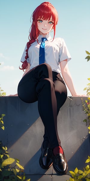 (masterpiece, best quality: 1.4), alone, looking at viewer, cowboy photo, smile, makima, ringed eyes, long hair, bangs, braided ponytail, redhead, side locks, collared shirt, tie, black pants Black, legs crossed, sitting, (from below: 1.3) medium chest, outdoors, blue sky, sanctuary, stone floor, horizon, upper body, blurred background