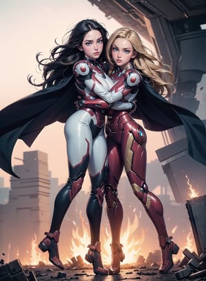 2girls twin sisters, hug, (masterpiece, top quality, 8K), detailed skin texture, detailed cloth texture, beautiful detailed face, intricate details, ultra Details, both ironman uniform, shine body,swaying middle hair, (full body: 1.1), (shy smile),jet flame bursting out from  both hands, jumping up,shining lighting, destroyed city background, evil robot standing,Detailedface,glitter,AGGA_ST002