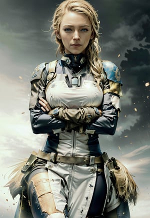 (masterpiece, (best quality:1.25):1.3)MortalCassieCage, 1girl, solo, looking at viewer, hair updo, blue eyes, blonde hair, gloves, armor, bodysuit, crossed arms, realistic, dog tags trending on art, lora:MortalCassieCage:0.8