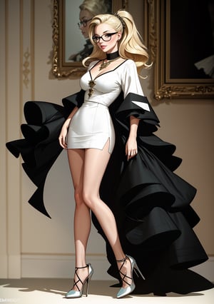 ((Masterpiece, best quality,edgQuality)),smirk,smug,blonde womanedgKM, a woman with a pair of glasses on her face,designer dress ,wearing edgKM,high fashion,high heels,((full body)), lora:edgMoss:1,edgKM