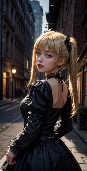 ((1mature lady:1.3, age of 45)), (standing on a dark street), (highway lights), (calm lighting), (night), sexy pose, (very delicate and beautiful work), (masterpiece), one girl, ((wearing in a gothic Lolita dress:1.37, gothic Lolita fashion:1.5)), very detailed and leaky waist, attractive look, beautifully clear eyes, ((blonde twin-tails hair:1.5)), delicate necklace, delicate earrings, simple blurred background, extreme detailed description, beautiful, attractive, Super fine painting, pretty face, big, big, big, big, fine body, fine collarbone, beautiful lips, smooth ass, mix4, (8k, RAW photo, top quality, masterpiece: 1.37), (realistic, realistic: 1.37), one girl, cute, cityscape, night, humidity, professional lighting, photon mapping, radiation, physics cs-based rendering,makima