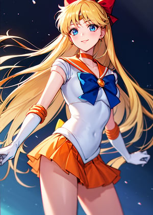 masterpiece, best quality, highres, venus1, 1girl, solo, sailor senshi uniform, sailor venus, aino minako, blonde hair, magical girl, blue eyes, orange skirt, elbow gloves, tiara, pleated skirt, hair bow, orange sailor collar, miniskirt, choker, red bow, orange choker, white gloves, very long hair,  jewelry,  earrings, , cowboy shot, smile,
