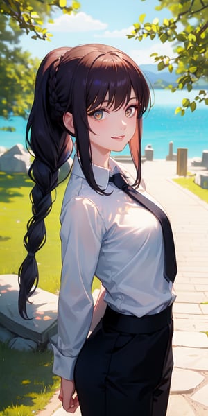 (masterpiece, best quality: 1.4), alone, looking at viewer, cowboy photo, smile, makima, ringed eyes, long hair, bangs, braided ponytail, side locks, collared shirt, tie, black pants, arms behind the back, outdoors, blue sky, sanctuary, stone floor, horizon, upper body, head on, from above, blurred background