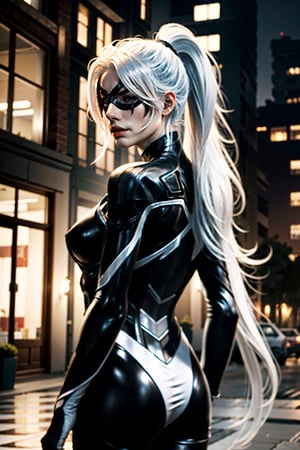 ((ultra detailed, masterpiece, absurdres)) lora:SpiderBlackCat:0.9, SpiderBlackCat, 1girl, white hair, long hair, mask, Back turned with a contemplative mood,SpiderBlackCat