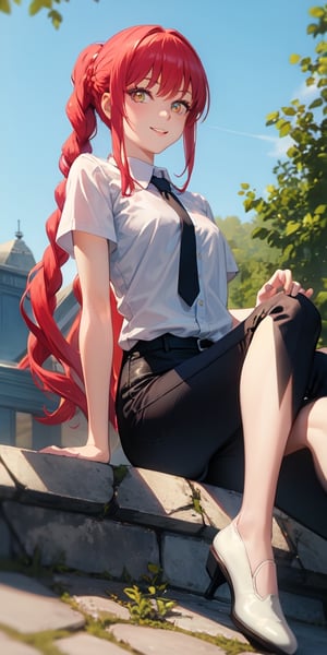 (masterpiece, best quality: 1.4), alone, looking at viewer, cowboy photo, smile, makima, ringed eyes, long hair, bangs, braided ponytail, redhead, side locks, collared shirt, tie, black pants Black, legs crossed, sitting, (from below: 1.3) medium chest, outdoors, blue sky, sanctuary, stone floor, horizon, upper body, blurred background