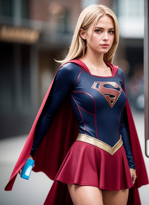 supergirl, costume, hero, skirt, cape red, hair blonde (RAW Photo, cg unity, photography, ultra realistic details, sharp focus, detailed skin,4k, high-res, masterpiece, best quality:1.1), (realistic, photo-realistic:1.37) (8k,4k, UHD, high resolution, professional, cinematic, movie, dramatic, noise), (detailed background:1.25), bokeh anamorphic depth of field blur background
