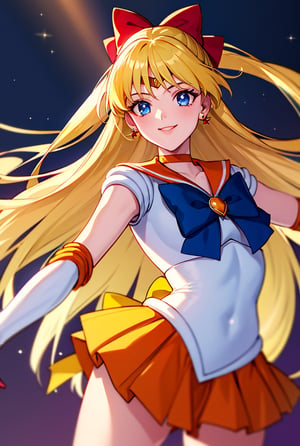 masterpiece, best quality, highres, venus1, 1girl, solo, sailor senshi uniform, sailor venus, aino minako, blonde hair, magical girl, blue eyes, orange skirt, elbow gloves, tiara, pleated skirt, hair bow, orange sailor collar, miniskirt, choker, red bow, orange choker, white gloves, very long hair,  jewelry,  earrings, , cowboy shot, smile,
