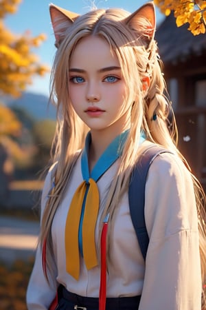 Solo, anime girl, full body, young adult body, medium chest, Hyperdetailed school background, School, 
Detailed medium white hair braid, hair braid, Cat ears, beautiful, Detailed eyes, blue eyes, Side view, torso shot from waist, Thick lineart, Anxious, Hyperdetailed natural light, detailed reflection light, 
volumetric lighting maximalist photo illustration 64k, resolution high res intricately detailed complex, 
key visual, precise lineart, vibrant, panoramic, cinematic, masterfully crafted, 64k resolution, beautiful, stunning, ultra detailed, expressive, hypermaximalist, colorful, rich deep color, vintage show promotional poster, glamour, anime art, fantasy art, brush strokes,, 16k, UHD, HDR,(Masterpiece:1.5), Absurdres, (best quality:1.5), Anime style photo, Manga style, Digital art, glow effects, Hand drawn, render,octane render, cinema 4d, blender, dark, atmospheric 4k ultra detailed, cinematic sensual, Sharp focus, hyperrealistic, big depth of field, Masterpiece, colors, 3d octane render, concept art, trending on artstation, hyperrealistic, Vivid colors,, modelshoot style, (extremely detailed CG unity 8k wallpaper), professional majestic oil painting by Ed Blinkey, Atey Ghailan, Studio Ghibli, by Jeremy Mann, Greg Manchess, Antonio Moro, trending on ArtStation, trending on CGSociety, Intricate, High Detail, Sharp focus, dramatic, photorealistic painting art,beautymix,kristinapimenova