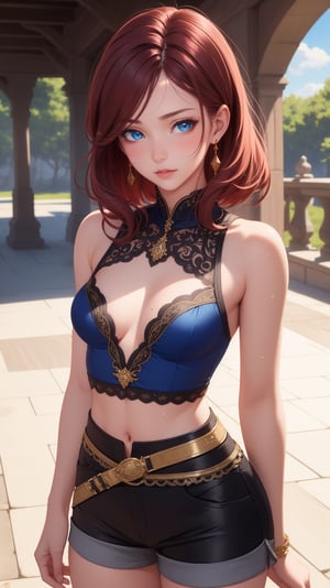 (masterpiece, best quality), intricate details, medium breast, small waist, dark red hair, blue eyes, beautiful face, perfect illumination, beautiful detailed eyes,looking at viewer, stunningly beautiful woman, detailed hairstyle, detailed background,shorts, detailed fantasy background, (sweat:1)
