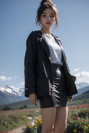 best quality,HDR,UHD,8K,Vivid Colors,solo,front view,photo_(medium),(1girl:1.3),(looking at viewer:1.4),ponytail,,standing,outside,sky,mountain,flower,, rc,pencil skirt,coat,shirt,