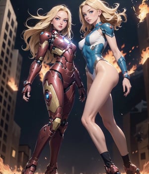 2girls twin sisters, both fighting pose, (masterpiece, top quality, 8K), detailed skin texture, detailed cloth texture, beautiful detailed face, intricate details, ultra Details, both ironman uniform, shine body,swaying long hair, both blonde hairs, (full body: 1.1), (shy smile),jet flame bursting out from  both hands, jumping up,shining lighting, destroyed city background, evil robot standing,Detailedface,glitter,AGGA_ST002