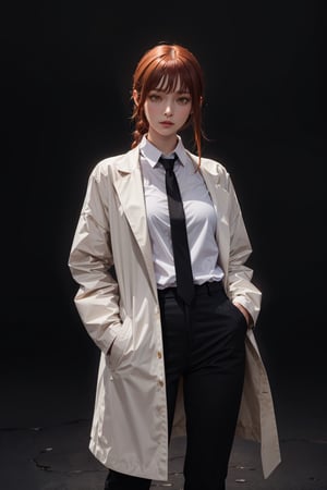 (masterpiece, best quality:1.2), lora:csm_makima-10:1, cowboy shot, solo, 1girl, makima, expressionless, closed mouth, looking at viewer, hands in pockets, braided ponytail, ringed eyes, formal, coat, collared shirt, black necktie, black pants