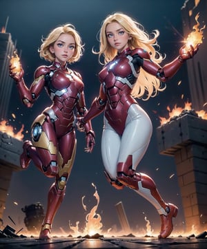 2girls twin sisters, both fighting pose, (masterpiece, top quality, 8K), detailed skin texture, detailed cloth texture, beautiful detailed face, intricate details, ultra Details, both ironman uniform, shine body,swaying middle hair, both blonde hairs, (full body: 1.1), (shy smile),jet flame bursting out from  both hands, jumping up,shining lighting, destroyed city background, evil robot standing,Detailedface,glitter,AGGA_ST002