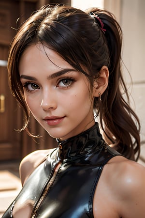 1girl, feature, (masterpiece, best quality), bsdm, high ponytail, black hair, leather, catsuit, highly detailed, cleavage, smirk, (detailed face:1.2)
