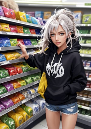 photograph of kat3mara-135, messy hair no make-up, wearing shorts and a hoodie shopping in a grocery store , Fuji GFX 100S, 110mm f/2, 1/250s, ISO 100, Velvia 50
,sks woman