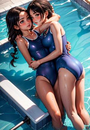 (masterpiece:1.2), (ultra-detailed:1.2), (perfect-composition:1.2), 8K, (photographical skin:1.2), (shiny skin:1.2), masterpiece, best quality, PIXIV, yuri, multiple girls, 2girls, swimsuit, long hair, short hair, black hair, looking at another, partially submerged, yuri, pool, one-piece swimsuit, eye contact, water, hug, wet, blush, breasts, blue one-piece swimsuit, arms around neck, school swimsuit, 
,yurims