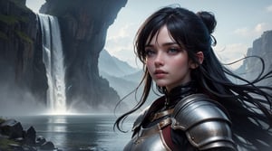 best quality, masterpiece, of a female, dressed as a Knight guard, lora:RPGGuard:.9, with black hair, with a female Elaborate updo hairstyle, wearing a scary black veil, portrait, sat, In a floating island in the sky, with waterfalls pouring into the clouds below,, realistic, concept art, cinematic, volumetric lighting, highly detailed, 8k   ultradetialed character with perfect face,detailed skin,(ultrasharp:1.3),(masterpiece:1.1),best quality,(photorealistic:1.2),ultrarealistic,realistic ultradetailed character,4k perfect quality, Magnificent,Imperceptible detail,Intricately designed,
