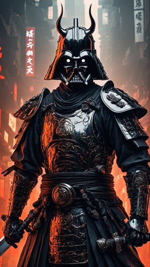 (8k uhd, masterpiece, best quality, high quality, absurdres, ultra-detailed, detailed background), (full body:1.4), (a Japanese Darth Vader samurai with great sword, walking across a bunch of Japanese stormtroopers samurai), (beautiful, aesthetic, perfect, delicate, intricate:1.2), (color scheme: black), (size and shape of great sword: Daishō, massive and double-edged), (type of armor: oni style helmet, black eyes, bone and leather), (environment: ancient Japan street, outside, cyberpunk, Cyberpunk,), perspective: slightly low angle to emphasize the warrior's power, lighting: dramatic, with a spotlight illuminating the warrior's face and sword, (depth of field: shallow, with the warrior in sharp focus and the fiery background slightly blurred), cyborg style,Movie Still, cyborg,steampunk style
