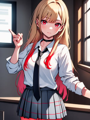 marinkitagawa, lora:marinkitagawatest:1, marin kitagawa, blonde hair, choker, ear piercing, earrings, long hair, piercing, (red eyes:1.5), straight hair, swept bangs,BREAK black necktie, long sleeves, pleated skirt, school uniform, shirt, skirt, sleeves rolled up, white shirt,BREAK indoors, classroom,BREAK looking at viewer, BREAK , (masterpiece:1.2), best quality, high resolution, unity 8k wallpaper, (illustration:0.8), (beautiful detailed eyes:1.6), extremely detailed face, perfect lighting, extremely detailed CG, (perfect hands, perfect anatomy),