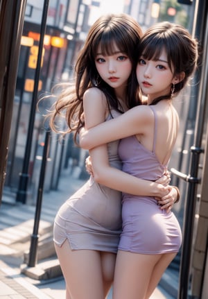 2 girl, twin sisters, closed hug, age 20,supermodel,in the street in Tokyo,Tokyo Tower,very bright backlighting, solo, {beautiful and detailed eyes},winter night, large breasts, dazzling moonlight, calm expression, natural and soft light, hair blown by the breeze, delicate facial features, Blunt bangs, beautiful korean girl, eye smile, very small earrings, sexy tight dress, 20 yo, ((model pose)),  Glamor body type, fantastic night forest, (red and purple theme),asian girl,hug