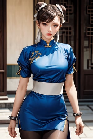 (ultra realistic,32k, masterpiece:1.2),(high detailed skin:1.1),( high quality:1.1),
lora:chun li v2-lora-nochekaiser:0.8, chun li, brown eyes, brown hair, (bun cover:1.5), double bun, eyeliner, hair bun, lipstick, makeup, pink lips,blue dress, bracelet, brown pantyhose, china dress, chinese clothes, dress, gold trim, jewelry, pantyhose, pelvic curtain, puffy sleeves, sash, short sleeves, side slit, spiked bracelet, spikes,,(looking at viewer, standing,:1.1),, small breast, small breast,lora:add_detail:0.99,
(volumetric lighting:1.1),  shaolin temple,monastery ,  china themed, blurry background,
