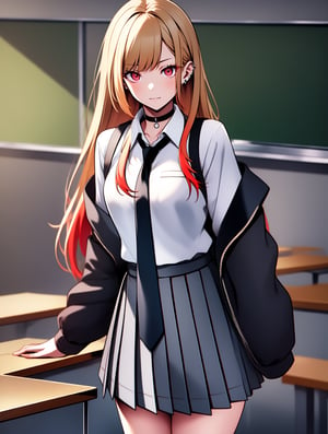 marinkitagawa, lora:marinkitagawatest:1, marin kitagawa, blonde hair, choker, ear piercing, earrings, long hair, piercing, (red eyes:1.5), straight hair, swept bangs,BREAK black necktie, long sleeves, pleated skirt, school uniform, shirt, skirt, sleeves rolled up, white shirt,BREAK indoors, classroom,BREAK looking at viewer, BREAK , (masterpiece:1.2), best quality, high resolution, unity 8k wallpaper, (illustration:0.8), (beautiful detailed eyes:1.6), extremely detailed face, perfect lighting, extremely detailed CG, (perfect hands, perfect anatomy),