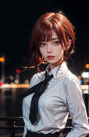 upper body, (masterpiece), detailed background, perfect lighting, 1girl, bangs, medium breasts, blouse, red hair, red eyes, city, urban, bokeh, depth of field, wear black tie , makima \(chainsaw man\),makimacsm