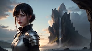 best quality, masterpiece, of a female, dressed as a Knight guard, lora:RPGGuard:.9, with black hair, with a female Elaborate updo hairstyle, wearing a scary black veil, portrait, sat, In a floating island in the sky, with waterfalls pouring into the clouds below,, realistic, concept art, cinematic, volumetric lighting, highly detailed, 8k   ultradetialed character with perfect face,detailed skin,(ultrasharp:1.3),(masterpiece:1.1),best quality,(photorealistic:1.2),ultrarealistic,realistic ultradetailed character,4k perfect quality, Magnificent,Imperceptible detail,Intricately designed,
