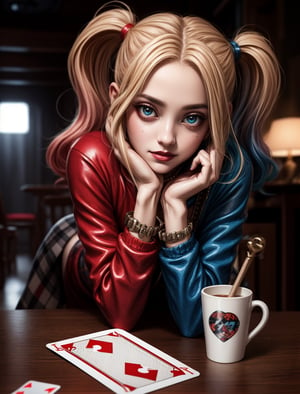 lora:Harley:1, Harley_Quinn, playful_expression, mischievous_glitter_in_her_eyes, BREAK, clothing: red_and_black_jester_outfit, colorful_harlequin_diamonds, BREAK, accessories: oversized_mallet, playing_card_props, BREAK, quality: vivacious, charismatic, unpredictable, lora:more_details:.5 