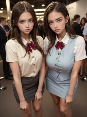 twin sisters, 2girl, hand in hand, beautifull woman ,  white and brown hair,red carpet, night time, very detailed face, 16k,2 girl in office uniform