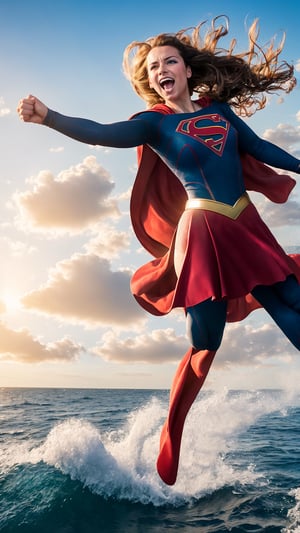 supergirl flying over the sea with wind effect in her hair on a sunny day , sun beam, White background, Yelling, flying
