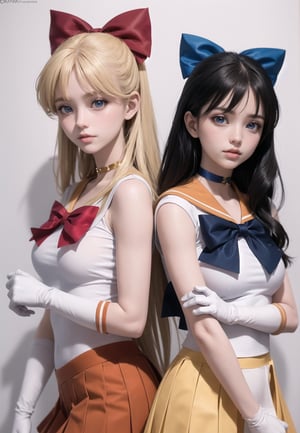 (masterpiece, best quality), 2girl,twin sisters, closed together,   lora:sailorvenus-lora-nochekaiser:0.8, sailor venus, blonde hair, blue eyes, bow, hair bow, half updo, long hair, red bow, tiara,, back bow, choker, elbow gloves, gloves, jewelry, magical girl, orange choker, orange sailor collar, orange skirt, sailor collar, sailor senshi uniform, school uniform, serafuku, skirt, white gloves,
,sailor venus